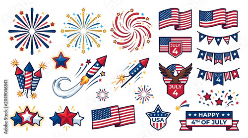 Collection of American Independence Day icons featuring fireworks flags and patriotic symbols for holiday celebrations isolated on white