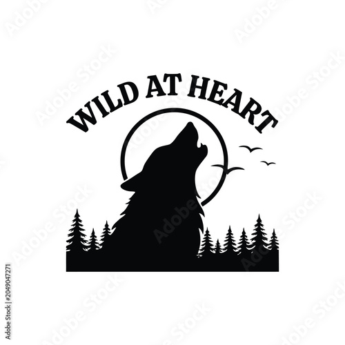 Foto Wolf Silhouette With Forest And Circle Black On White Background
