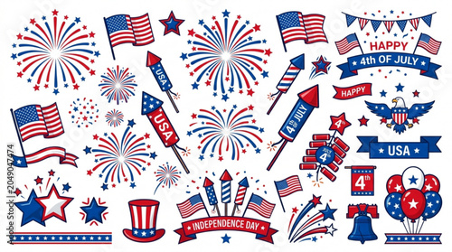 Collection of American Independence Day symbols including fireworks flags and patriotic elements for holiday celebrations isolated on white