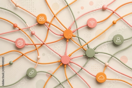 A network of colorful cables connects various service icons, symbolizing connectivity, technology, and data flow in a modern, abstract design.