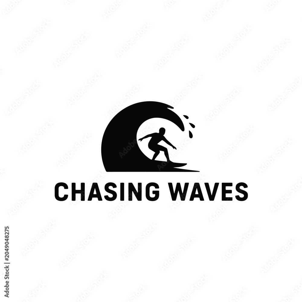 Fototapeta premium Surfer Silhouette With Wave Black And White Graphic Design