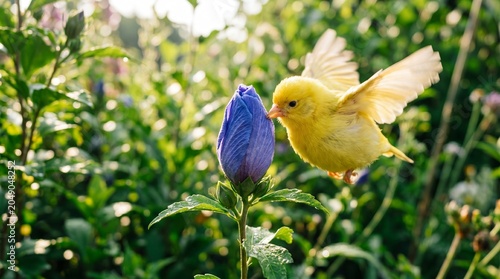 Yellow Bird Flying Beside Blue Flower in Sunlit Garden