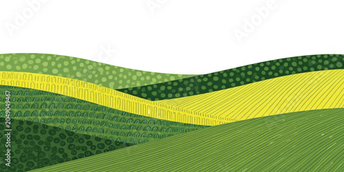 Photography Abstract layered rolling hills landscape illustration with green and yellow fiel