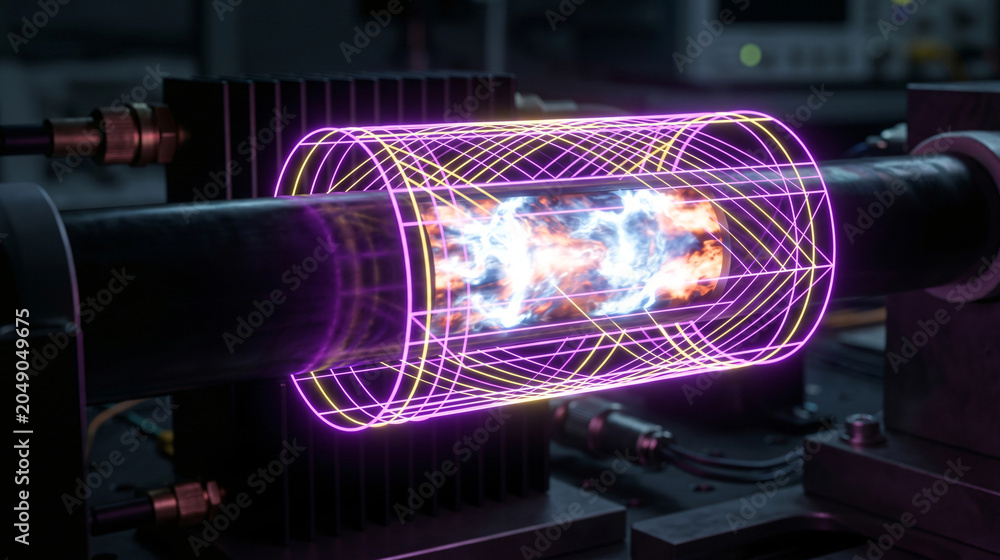 Obraz premium Macro of a dark metal tube containing glowing plasma wrapped in a neon magenta and yellow cylindrical wireframe