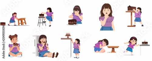 Fotografie Collection of Cute Little Girl Character and Chocolate Cake in Various Funny Pos