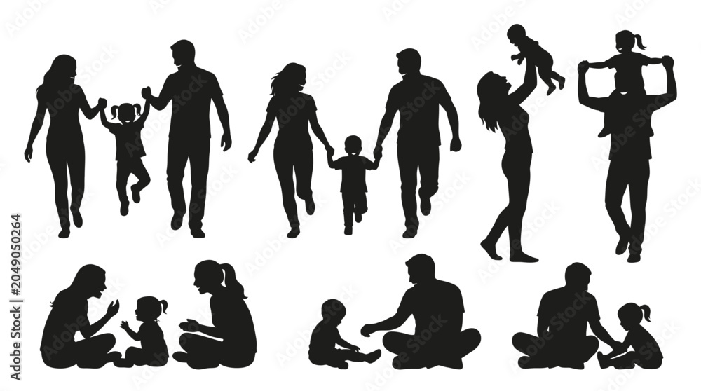 Obraz premium Black vector illustration set featuring silhouettes of happy families engaging in various fun recreational activities