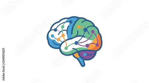 Colorful abstract brain with connections and nodes.