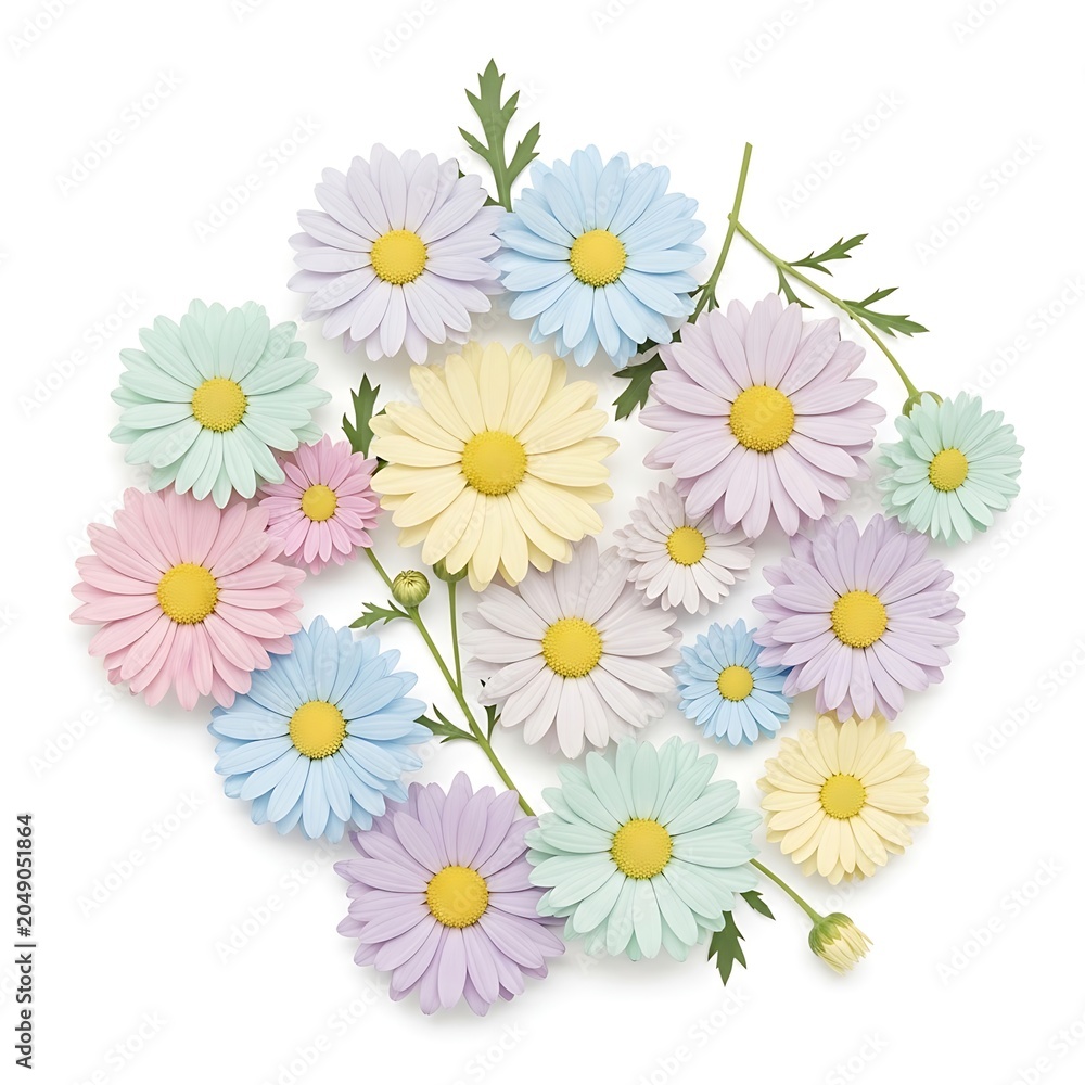 Fototapeta premium Delicate white daisies with butterflies on soft pastel background.