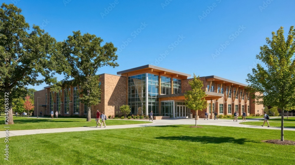 Fototapeta premium Modern school building with glass facade and green lawn