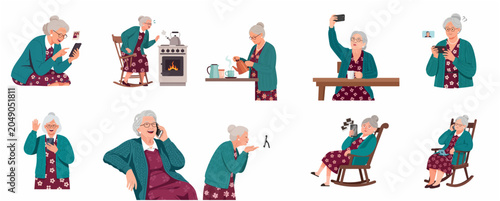 Foto Elderly Woman Using Smartphone and Gadgets Character Set