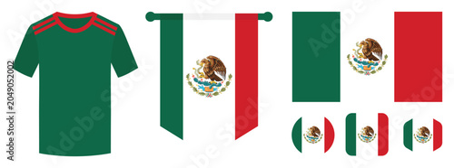Mexico Football Jersey, National Flag, Pennant Banner, Badge and Flag Icons Vector Set Isolated on White Background.