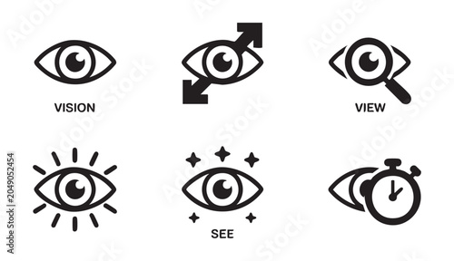 Konstfotografi Six black eye icons representing vision, view, and seeing with text labels
