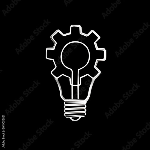 Neon light sign combining a light bulb and gear, symbolizing innovation and technology, glowing brightly against a dark background.