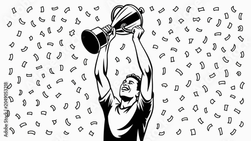 Canvas Print A victorious athlete raising a trophy overhead is depicted in a black and white