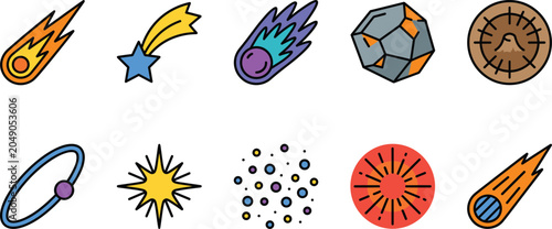 Foto Collection of colorful flat icons representing celestial bodies and cosmic event