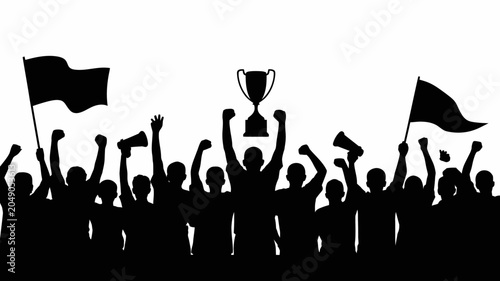 Foto Crowd silhouette with raised arms and trophy on a white background depicting a v