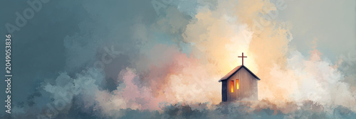  Church interior with cross symbol and religious icons, sacred worship space filled with sunlight, perfect for Easter faith backgrounds and Christian spiritual concepts.