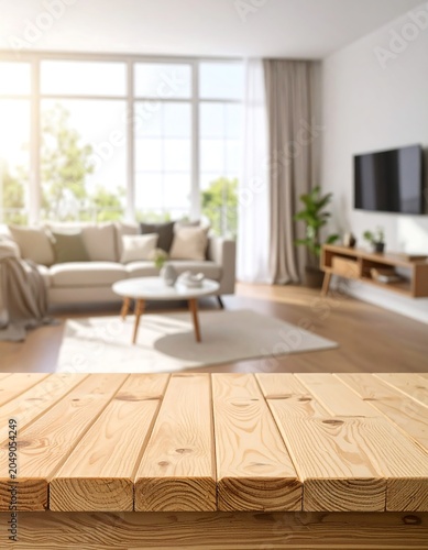 Modern sunlit living room with wooden foreground and blurry background