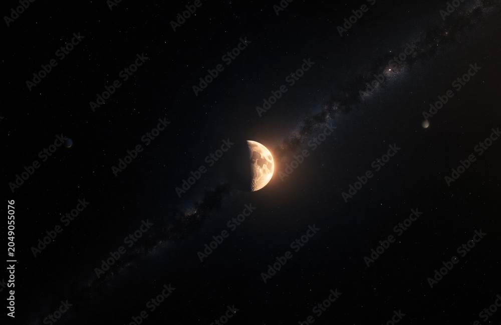 Obraz premium Partial moon glows in vast dark cosmos. Stars and milky way band stretch across black sky. Another small planet visible nearby. Cosmic celestial scene.