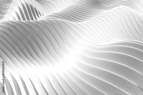 Undulating white layered landscape background with glowing center and flowing ribbed hills for elegant wallpaper and poster design .3d render