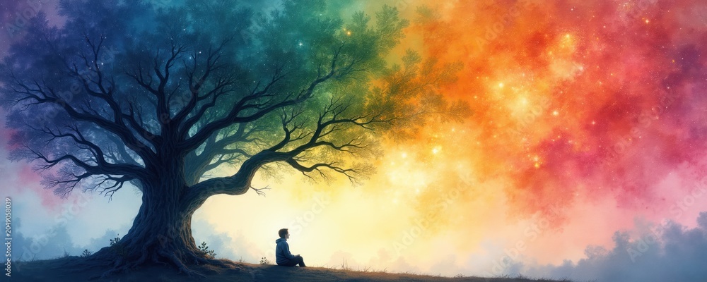 Obraz premium Lone figure meditates under large tree with rainbow sky. Person sits calmly, gazing at colorful clouds and starry expanse. Peaceful scene promotes growth inspiration and new beginnings.