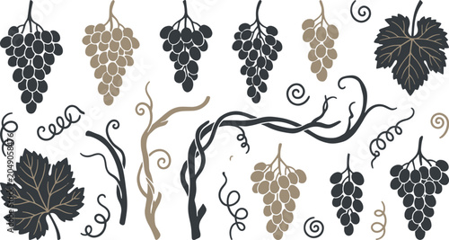 Billede på lærred hand drawn stylized black and gold grape bunches with vine branches swirling ten