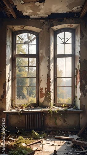 Interior view of dilapidated room with two large windows