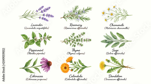 Bild auf Leinwand Herbal illustration of various medicinal plants and herbs on a white background