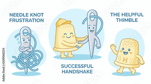 Bild auf Leinwand Cartoon characters of a sewing needle and thimble showing frustration and success