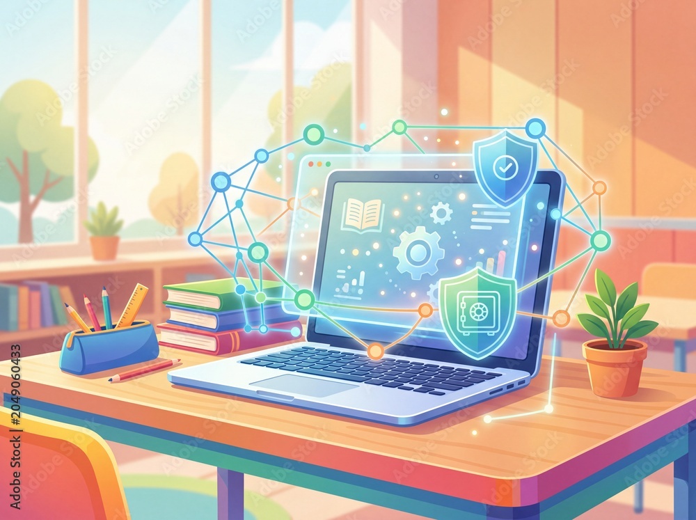 Fototapeta premium Illustration of a laptop on a classroom desk with cybersecurity icons, books, and school supplies, representing secure digital education, e-learning protection, and safe academic technology.