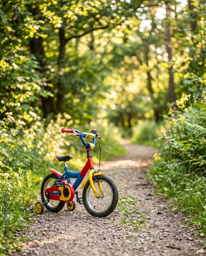 Bright children s bicycle with training wheels standing on a gravel forest path in warm summer light, symbolizing outdoor activity, childhood adventure, healthy lifestyle, and freedom in nature.