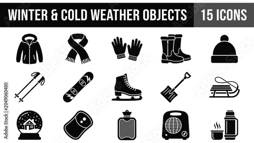 Valokuva Winter and Cold Weather Objects Icon Set: Clothing, Gear, and Heating Essentials