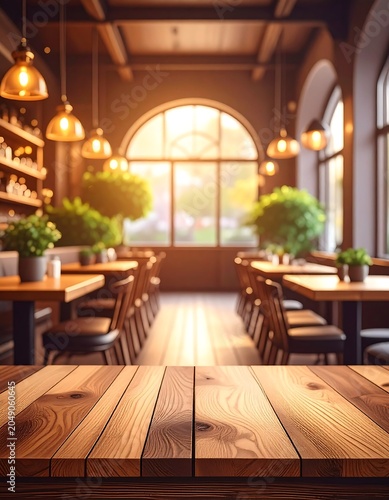 Interior view of restaurant, featuring tables, chairs, and large arched window