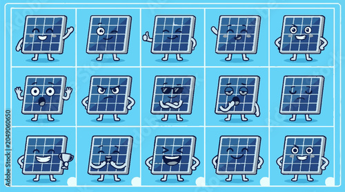 Foto Set of Cute Cartoon Solar Panel Characters with Various Expressions
