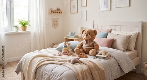 Cozy Scandinavian Child Bedroom Interior with Teddy Bear on Bed