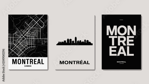 Montreal typographic posters with city maps and skylines a minimalist black and white aesthetic canada cityscape urban map street