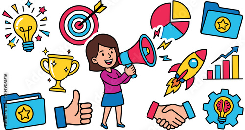 Foto Digital Marketing and Business Growth Doodle Icon Set with Woman Spokesperson Me