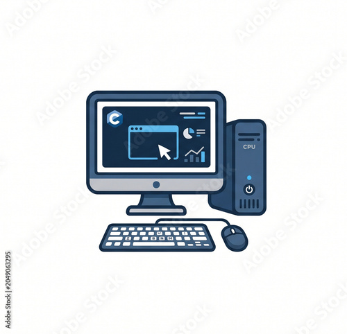 computer monitor with mouse and keyboard isolated on white background 