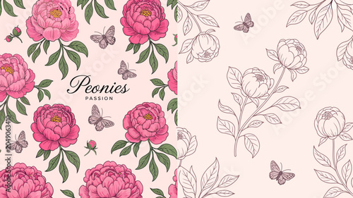 Floral ornament featuring pink peonies and butterflies on a light peach background botanical flower peony flowers insect leaves foliage