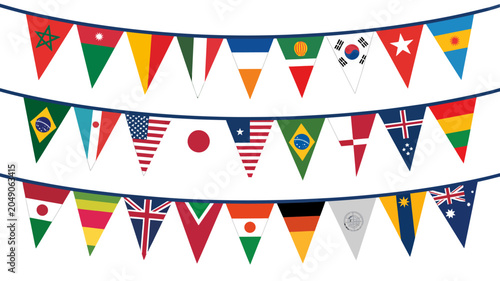 Bild auf Leinwand String of triangular flags representing various nations on a white background na