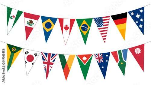 String of international pennant flags on a white background representing global unity and diverse nations national country flag bunting
