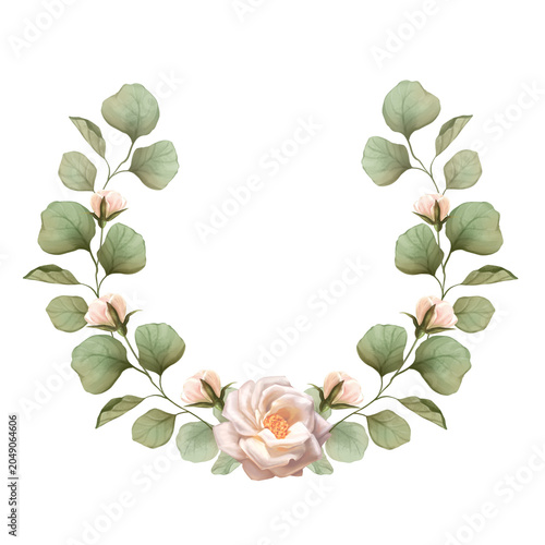 Hand drawn illustration of an elegant floral wreath with white rose and green...