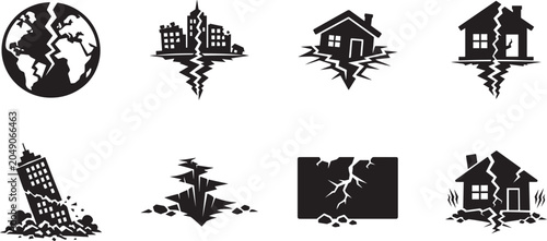 Tableau sur toile Earthquake solid icon set featuring natural disaster, destruction, seismic damage and emergency symbols