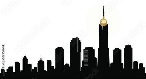 City skyline silhouette features various buildings and a prominent skyscraper with a golden dome, representing urban development and architecture.