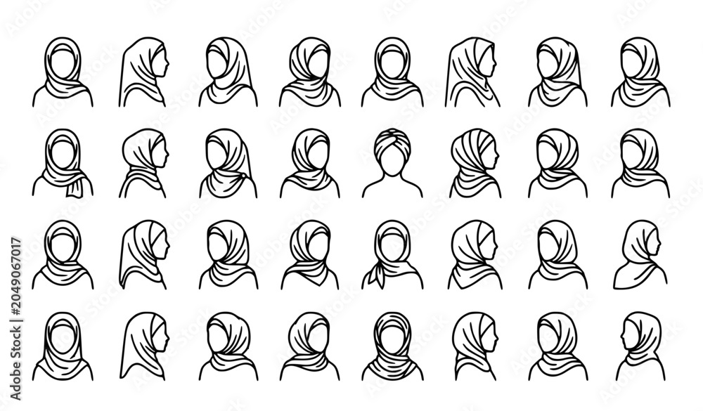 Fototapeta premium Minimalist Muslim Woman Hijab Outline Icons with Diverse Silhouette Styles Vector Set