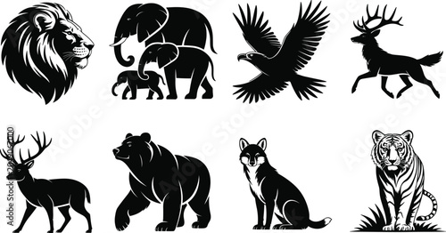 Canvas Print Wildlife Animal Silhouette Collection Featuring Lion Elephant Eagle Deer Bear Wo