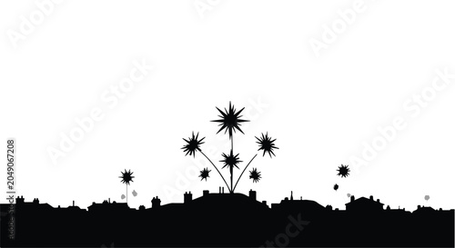 Black silhouette of a city skyline with buildings, from which star-shaped explosions and smaller stars emanate upwards, suggesting celebration or urban energy.