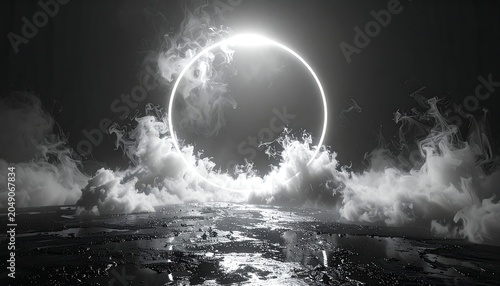 Surreal grayscale scene with a glowing ring, clouds, and reflection