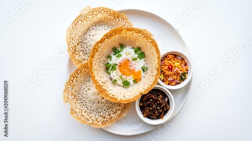 Delicious Sri Lankan egg hoppers with sambal and chutney on a plate