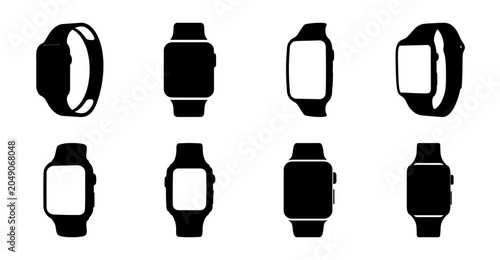 Modern smartwatch and watch collection flat icons - Minimalist black and white smartwatch and watch designs in flat icon style for digital use.